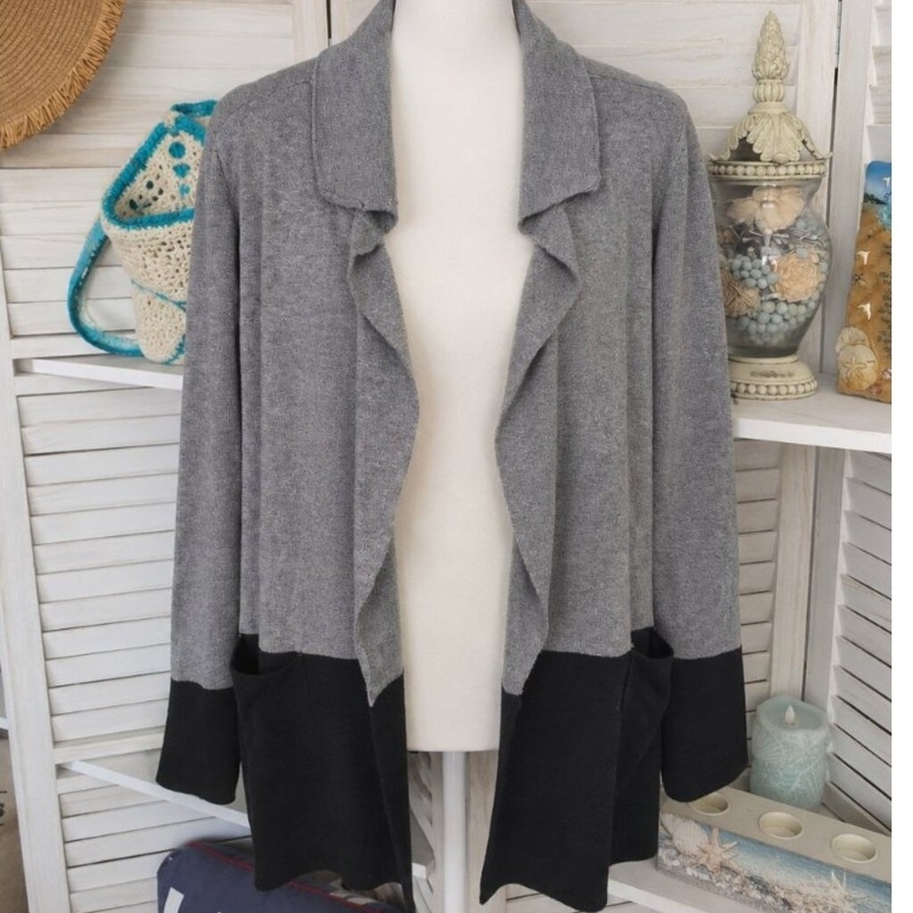 Kathy Ireland 1X Open Front Colorblock Cardigan Pockets Gray Black Plus Cozycore